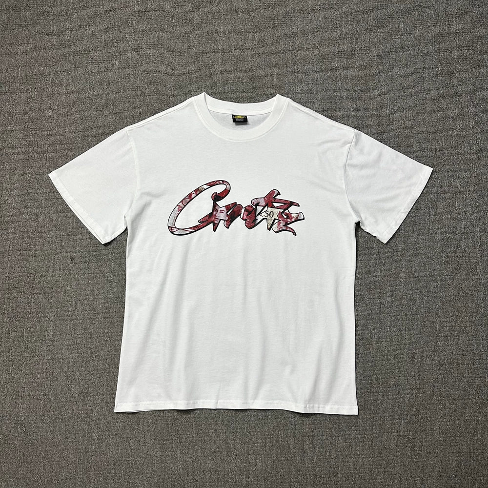 Corteiz Flame Script Logo White T-Shirt — Bold Streetwear Tee with Fiery Handstyle Print