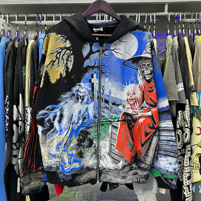 Valley Dreams Horror Graveyard Witch Full‑Print Zip‑Up Hoodie, Black Vintage Tour‑Style Oversized Streetwear Unisex Jacket Hover Image