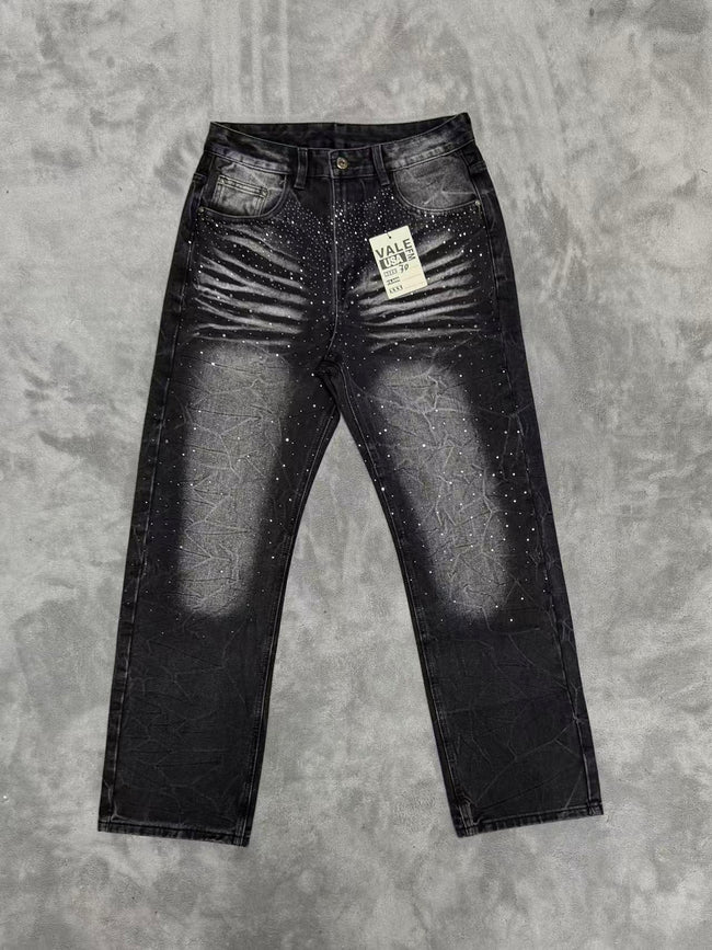 VALLEY Zebra‑Striped Rhinestone Embellished Baggy Denim Pants, Vintage Washed‑Black Unisex Streetwear Jeans Hover Image