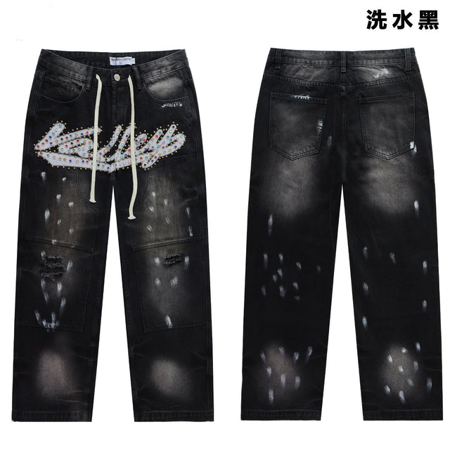 Valley Rhinestone Cursive‑Letter Baggy Jeans, Washed‑Black Distressed Unisex Streetwear Denim Pants Hover Image