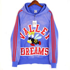 Valley Dreams Cartoon Bee Chenille Patch Pullover Hoodie, Blue Vintage Distressed Striped‑Sleeve Streetwear Unisex Sweatshirt