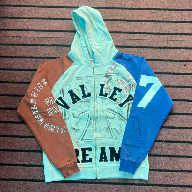 Valley Dreams Color‑Block Raglan Zip‑Up Hoodie, Patchwork 7‑Print Oversized Streetwear Unisex Jacket Hover Image