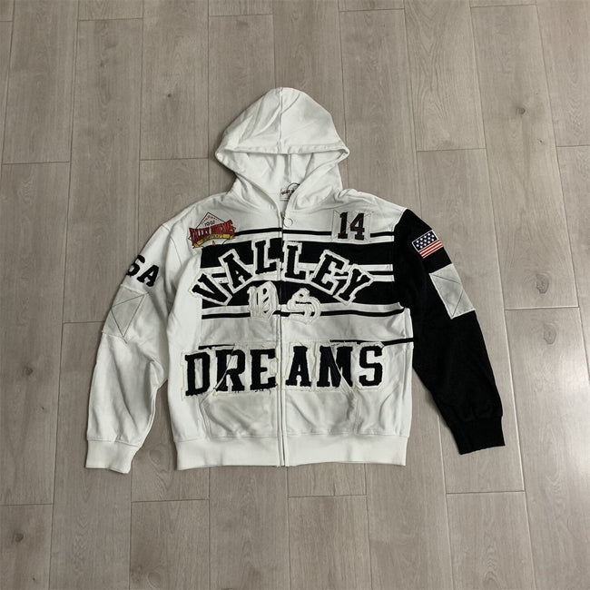 VALLEY White‑Black Color‑Block Striped Valley Dreams Zip‑Up Hoodie Unisex Oversized Jacket Main Image