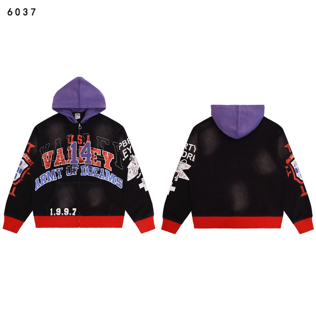 Valley Dreams Army Of Dreams Number 14 Zip‑Up Hoodie, Black‑Purple Contrast‑Hood Vintage Washed Streetwear Unisex Jacket Hover Image