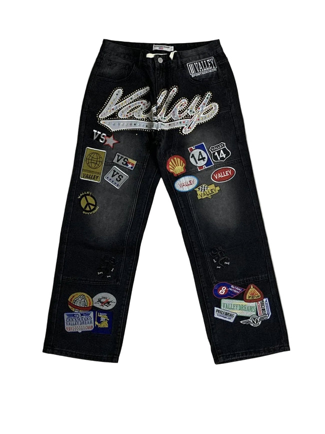 Valley Multi‑Patch Rhinestone Letter Baggy Jeans, Vintage Washed‑Black Unisex Wide‑Leg Denim Pants Hover Image