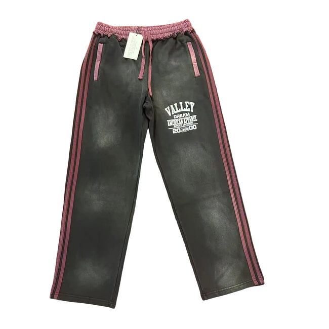 Valley Dream Letter‑Print Side‑Stripe Wide‑Leg Sweatpants, Vintage Washed‑Black Burgundy Unisex Streetwear Trousers Hover Image