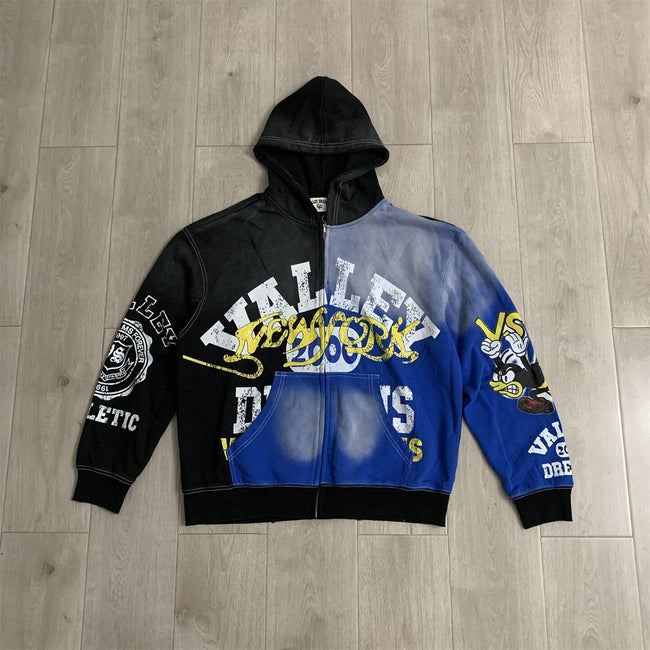 VALLEY Black‑Blue Gradient Valley Dreams Cartoon Print Zip‑Up Hoodie Unisex Oversized Jacket Hover Image