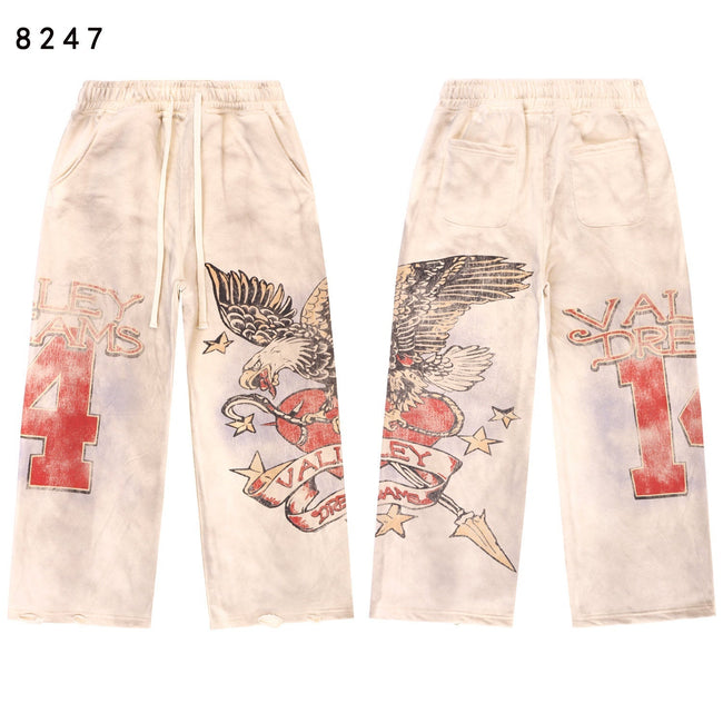 VALLEY Vintage Eagle‑Print Wide‑Leg Sweatpants, Off‑White Washed Unisex Hip‑Hop Streetwear Trousers Hover Image