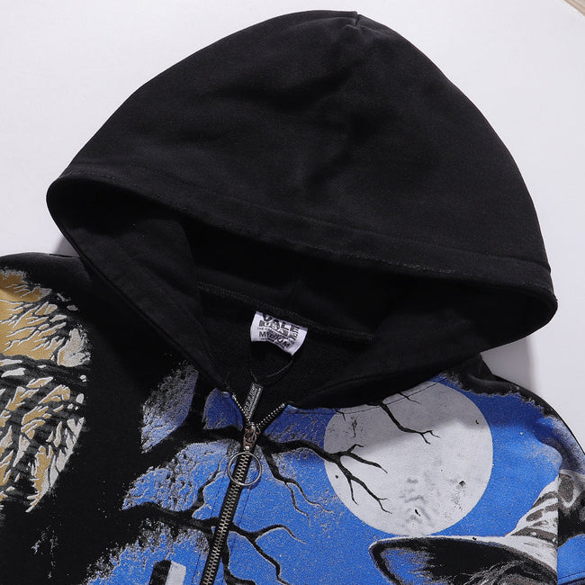 Valley Dreams Horror Graveyard Witch Full‑Print Zip‑Up Hoodie, Black Vintage Tour‑Style Oversized Streetwear Unisex Jacket Main Image