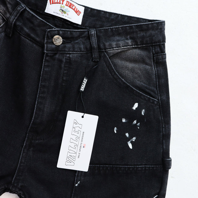 Valley Embroidered Paint‑Splatter Distressed Carpenter Baggy Jeans, Washed‑Black Unisex Wide‑Leg Denim Pants Main Image