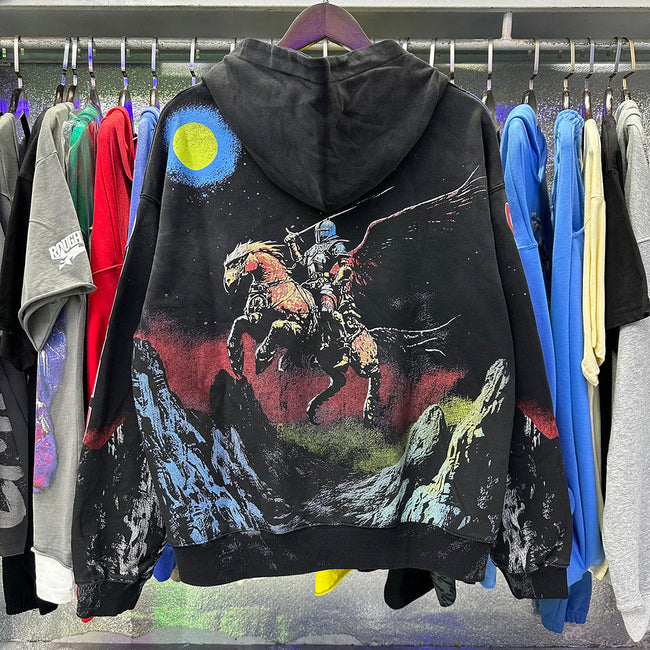 Valley Sports Dept Warrior Horse Graphic Zip‑Up Hoodie, Black Vintage Mountain‑Print Oversized Streetwear Unisex Jacket Main Image
