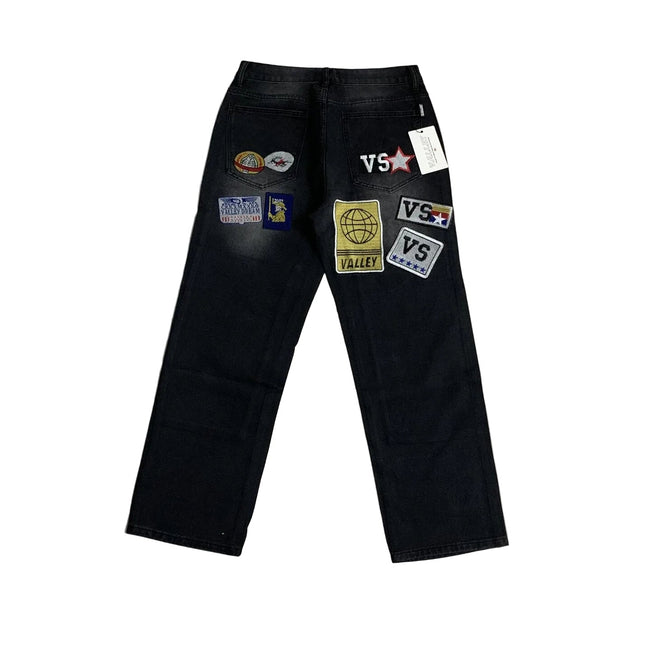 Valley Multi‑Patch Rhinestone Letter Baggy Jeans, Vintage Washed‑Black Unisex Wide‑Leg Denim Pants Main Image
