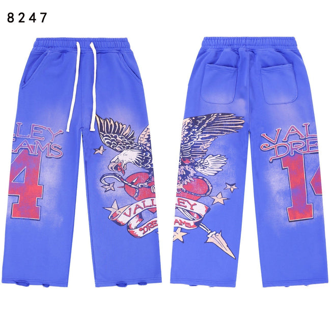 VALLEY Vintage Eagle‑Print Wide‑Leg Sweatpants, Bright Blue Washed Unisex Hip‑Hop Streetwear Trousers Hover Image