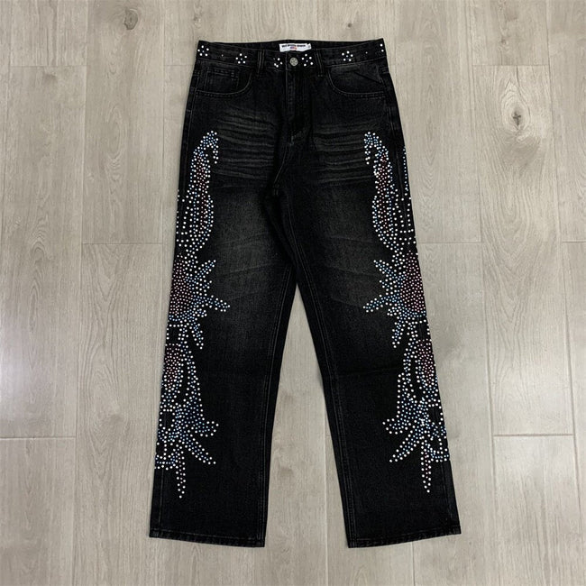VALLEY Gradient Rhinestone Star Washed‑Black Straight‑Leg Jeans, Y2K Hip‑Hop Unisex Denim Pants Hover Image