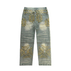 VALLEY Vintage Cross‑Shaped Towel‑Embroidered Baggy Jeans, Washed‑Blue Unisex Streetwear Denim Pants