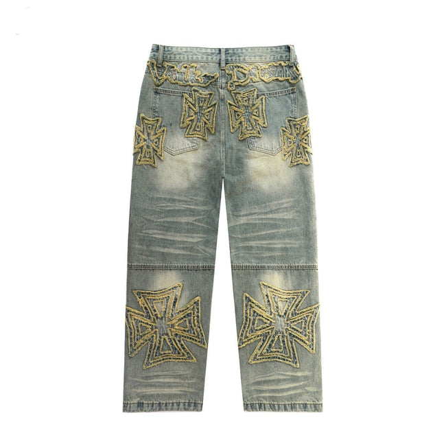 VALLEY Vintage Cross‑Shaped Towel‑Embroidered Baggy Jeans, Washed‑Blue Unisex Streetwear Denim Pants Main Image