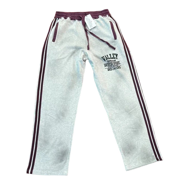 Valley Dream Letter‑Print Side‑Stripe Wide‑Leg Sweatpants, Heather Grey‑Burgundy Unisex Streetwear Trousers Hover Image
