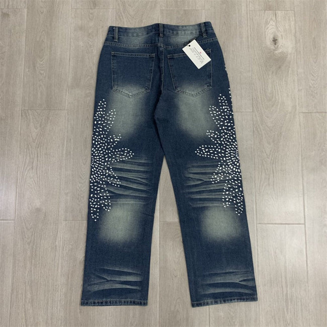 VALLEY White Dots Print Distressed Washed‑Blue Straight‑Leg Jeans, Y2K Streetwear Unisex Denim Pants Main Image