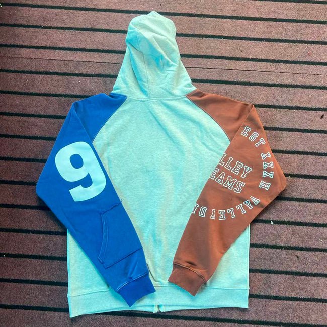 Valley Dreams Color‑Block Raglan Zip‑Up Hoodie, Patchwork 7‑Print Oversized Streetwear Unisex Jacket Main Image