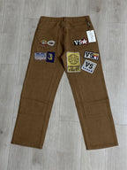 Valley Multi‑Patch Rhinestone Letter Baggy Pants, Vintage Brown Unisex Wide‑Leg Cotton Trousers