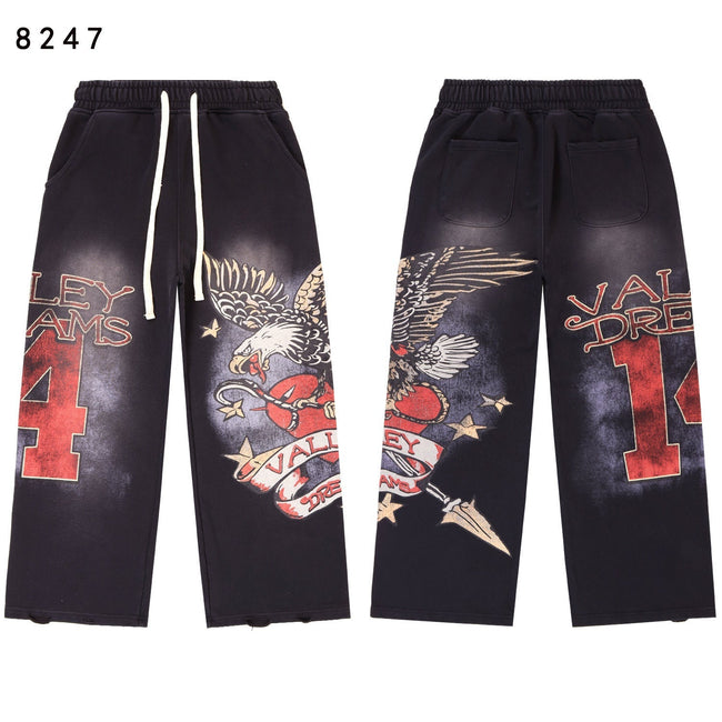 Vintage Eagle‑Print Wide‑Leg Sweatpants, Black Washed Unisex Hip‑Hop Streetwear Trousers Hover Image