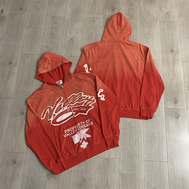 VALLEY Red‑Orange Gradient Graffiti‑Print Valley Dreams Zip‑Up Hoodie Unisex Oversized Jacket Hover Image