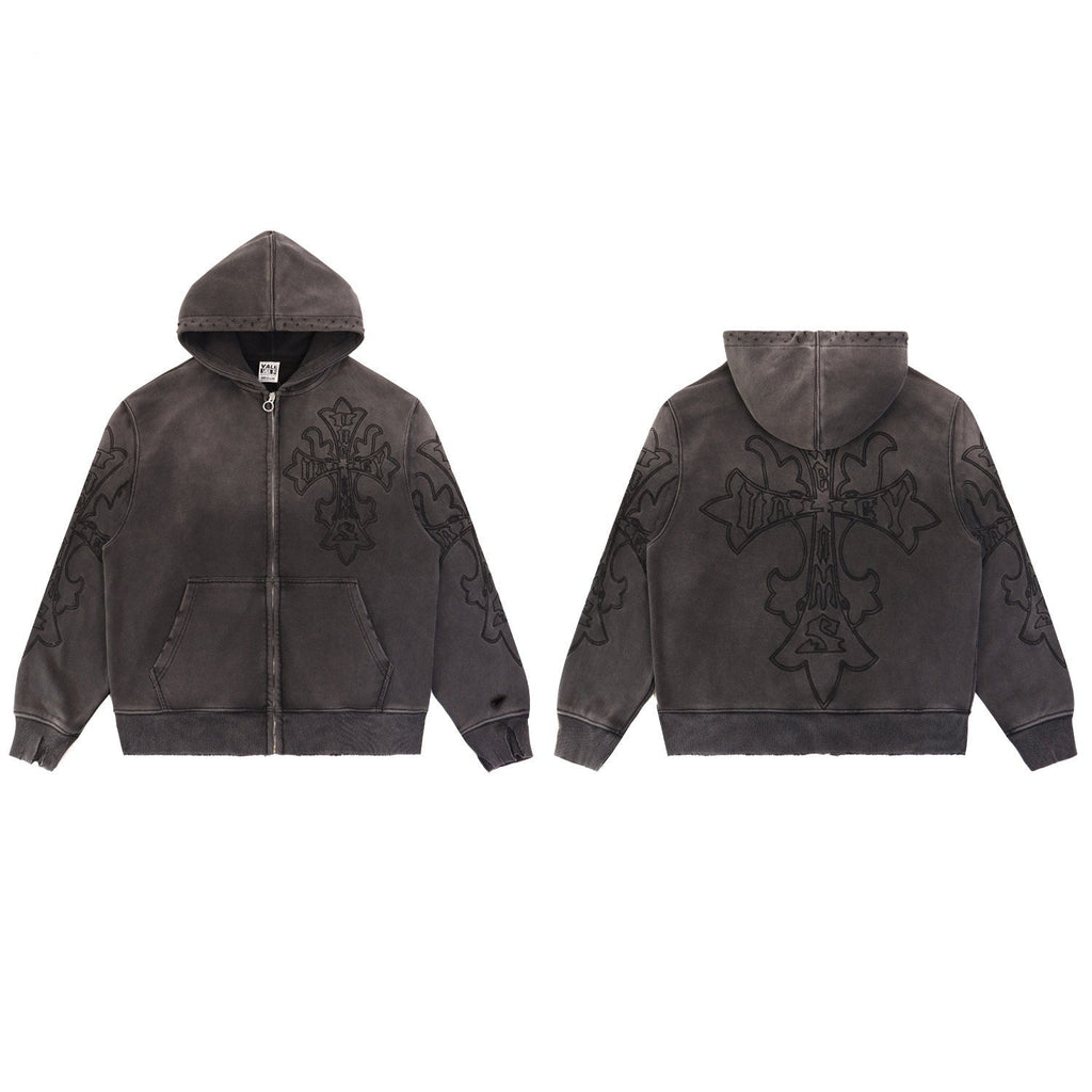 Valley Dreams Embossed Cross Zip‑Up Hoodie, Dark Grey Vintage Washed Distressed Streetwear Unisex Jacket