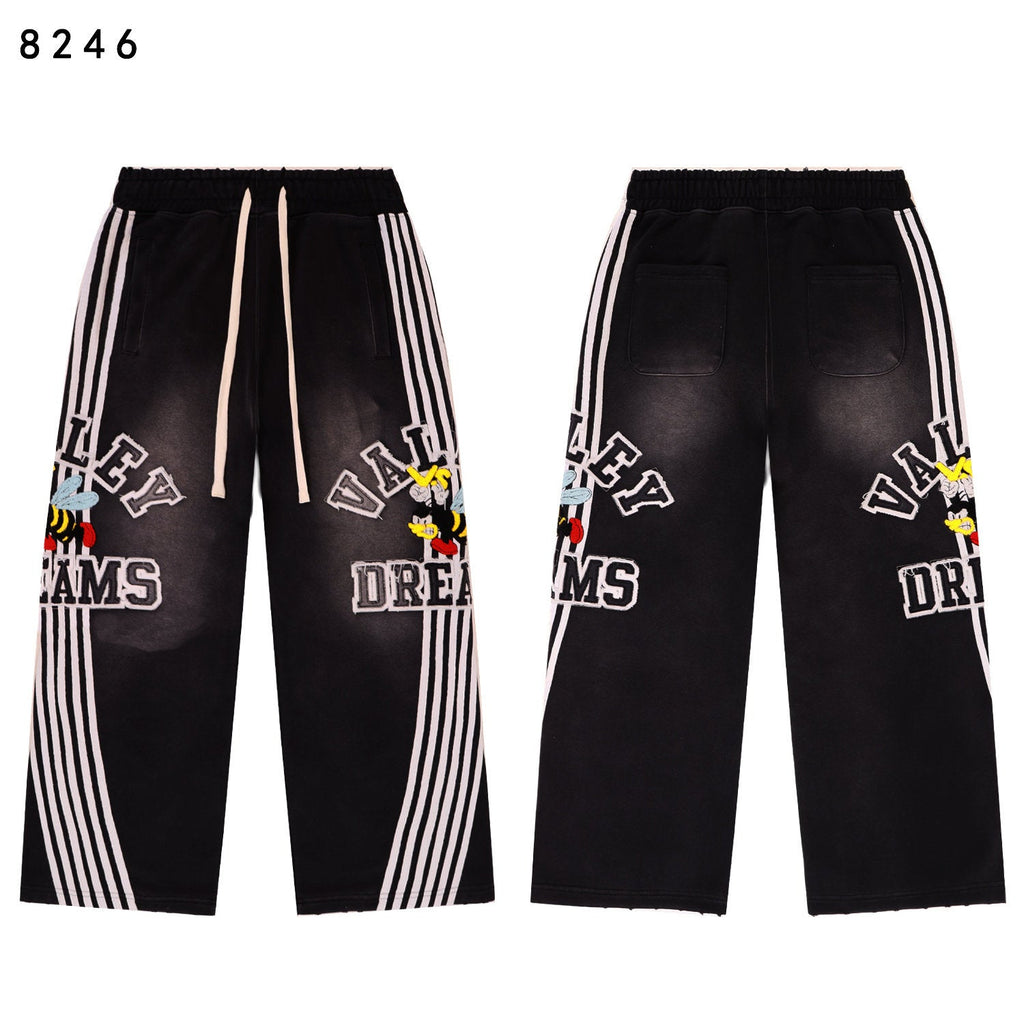 Valley Dreams Cartoon‑Bee White‑Stripe Wide‑Leg Sweatpants, Vintage Black Washed Streetwear Unisex Trousers