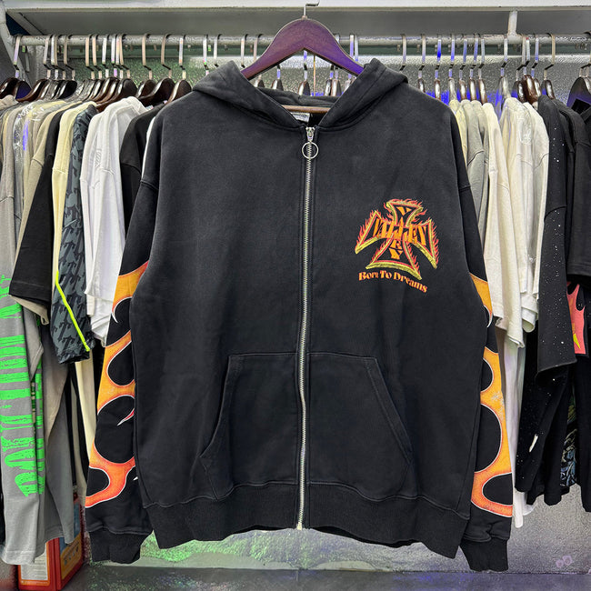 Valley Dreams Flame‑Sleeve Graphic Zip‑Up Hoodie, Black Vintage Washed Oversized Streetwear Unisex Jacket Hover Image