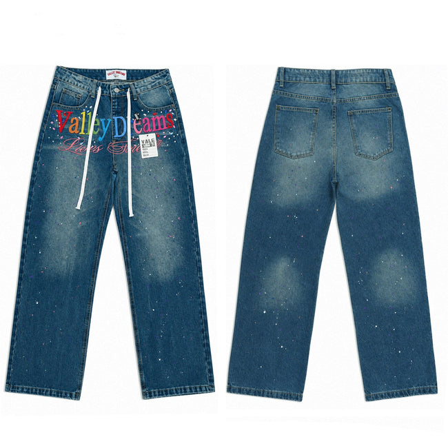 Valley Dreams Multicolor‑Letter Paint‑Splatter Baggy Jeans, Vintage Washed‑Blue Unisex Wide‑Leg Denim Pants Hover Image