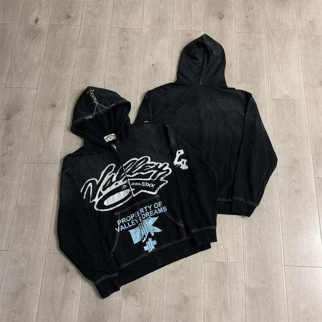 VALLEY Black Graffiti‑Print Valley Dreams Zip‑Up Hoodie Unisex Oversized Jacket Hover Image