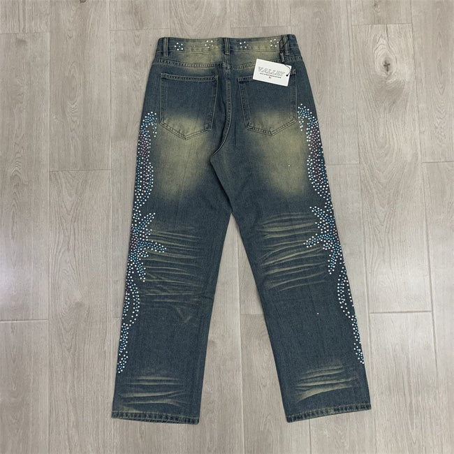 VALLEY Gradient Rhinestone Star Washed‑Blue Straight‑Leg Jeans, Y2K Hip‑Hop Unisex Denim Pants Main Image