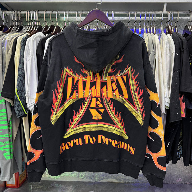 Valley Dreams Flame‑Sleeve Graphic Zip‑Up Hoodie, Black Vintage Washed Oversized Streetwear Unisex Jacket Main Image
