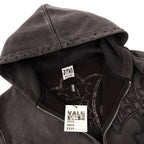 Valley Dreams Embossed Cross Zip‑Up Hoodie, Dark Grey Vintage Washed Distressed Streetwear Unisex Jacket