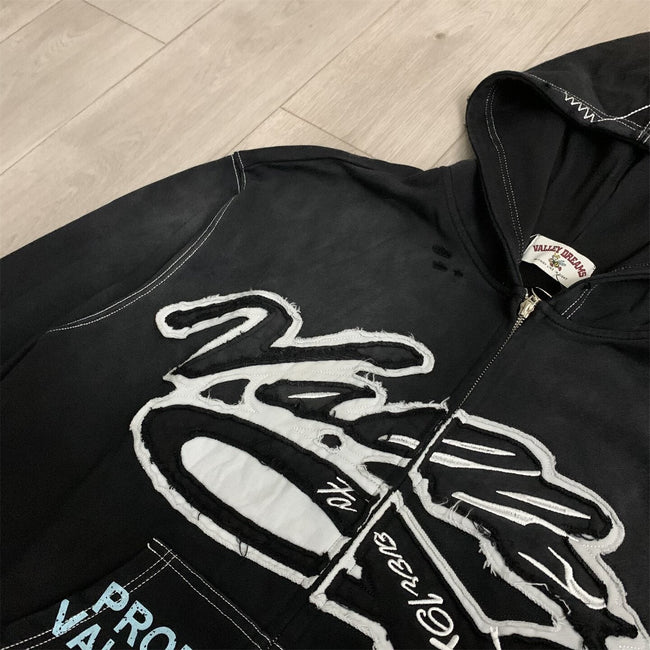 VALLEY Black Graffiti‑Print Valley Dreams Zip‑Up Hoodie Unisex Oversized Jacket Main Image