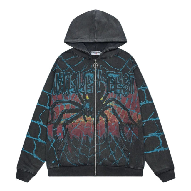 Valley Fest Spider Web Graphic Zip‑Up Hoodie, Unisex Black Vintage Streetwear Jacket Hover Image