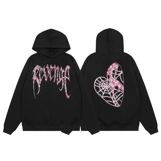 Revenge Rhinestone Spiderweb Heart Arch Logo Pullover Hoodie pink Hover Image