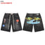 VALEFOREVER Black Washed Denim Shorts with Tropical Palm Tree Print