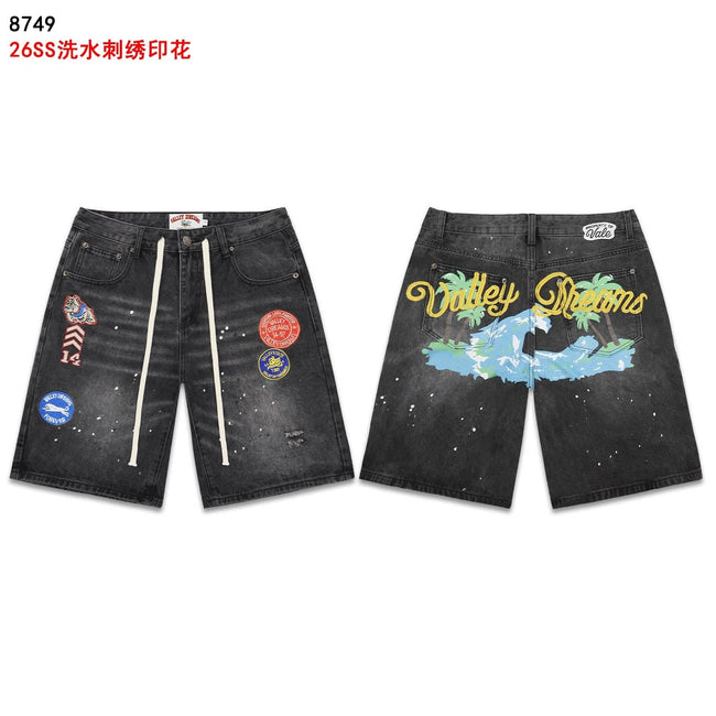 VALEFOREVER Black Washed Denim Shorts with Tropical Palm Tree Print Hover Image