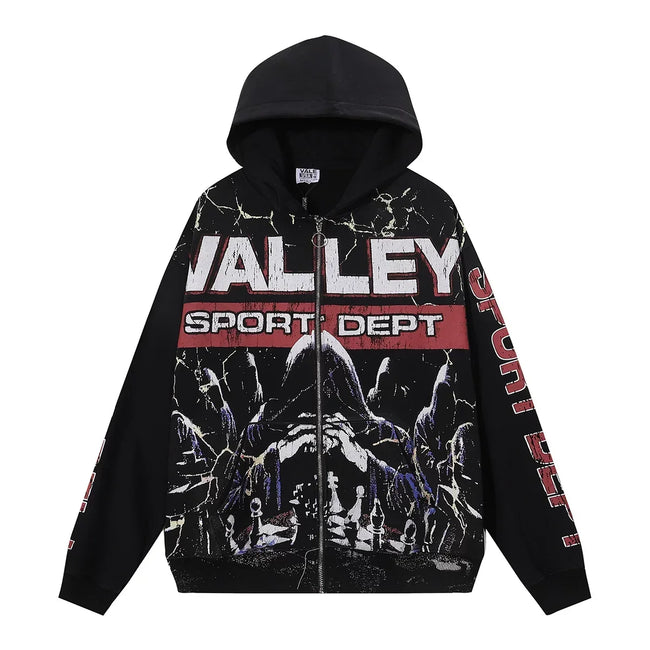 VALEFOREVER Black Valley Sport Dept Skeleton Graphic Zip Hoodie Hover Image