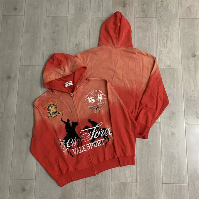 VALEFOREVER Red-Orange Gradient Cowboy Graphic Zip Up Hoodie Hover Image