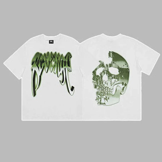 Revenge Green & Silver Gradient Arch Logo & Broken Skull Graphic Short Sleeve T-Shirt White Hover Image