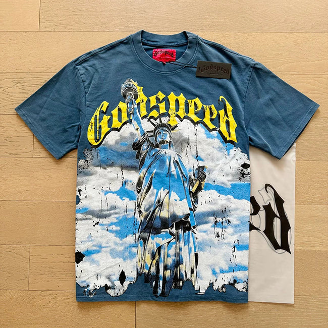 Godspeed Statue of Liberty Blue Sky Graphic Tee Cotton Acid Washed Shirt Hover Image