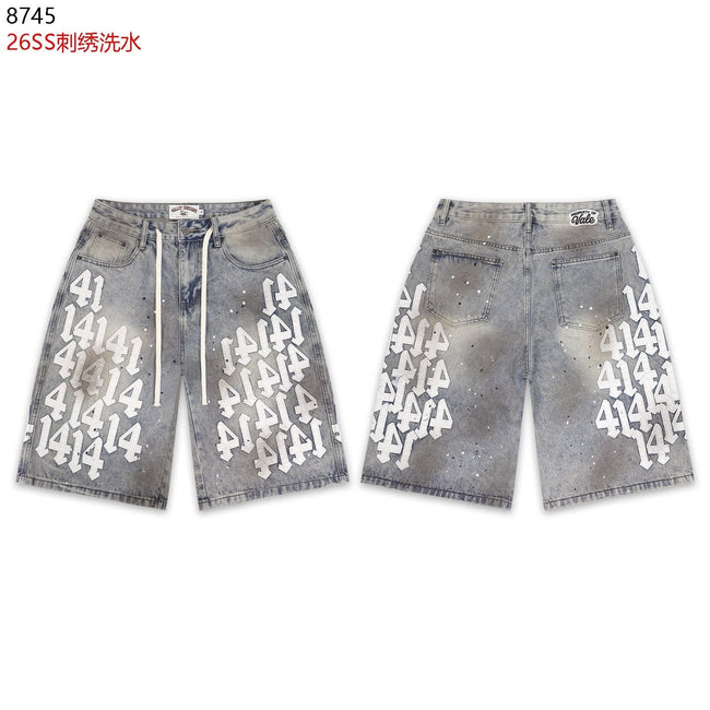 VALEFOREVER Vintage Washed Denim Shorts with White 41 Embroidery Print Hover Image