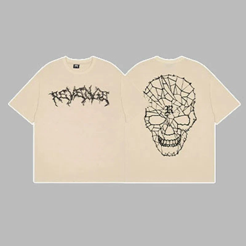 Revenge Arch Logo & Geometric Shattered Skull Graphic Short Sleeve T-Shirt  Beige