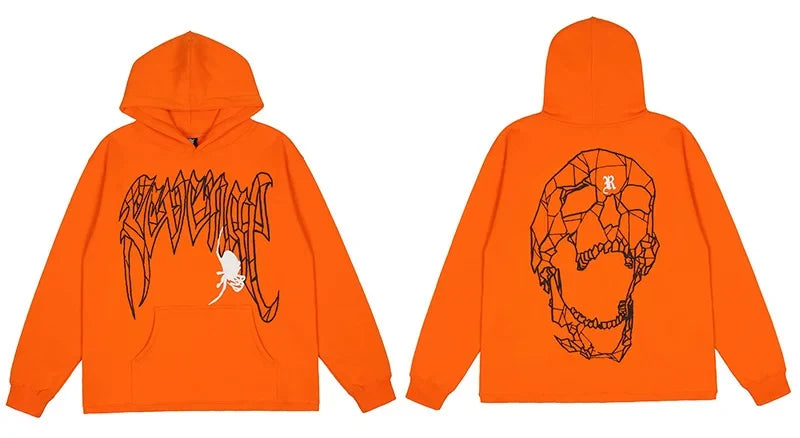 Revenge Orange Geometric Spider Skull Arch Logo Pullover Hoodie