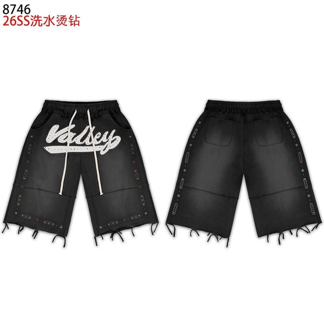 VALEFOREVER Black Washed Rhinestone Shorts with Script Logo & Fringe Hem Hover Image