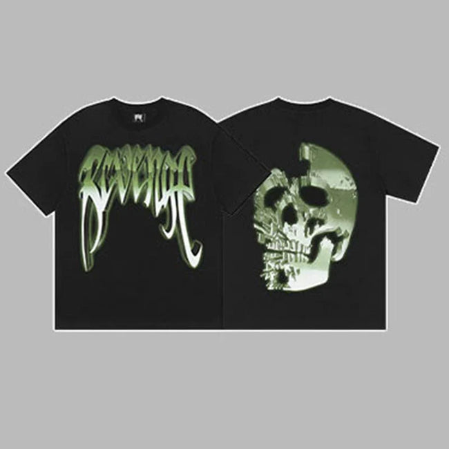 Revenge Green & Silver Gradient Arch Logo & Broken Skull Graphic Short Sleeve T-Shirt Black Hover Image