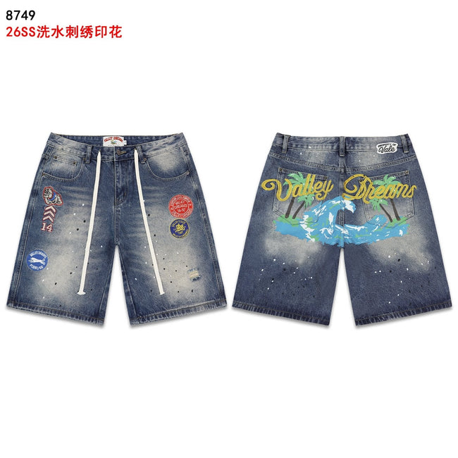 VALEFOREVER Vintage Washed Denim Shorts with Tropical Palm Tree Print Hover Image