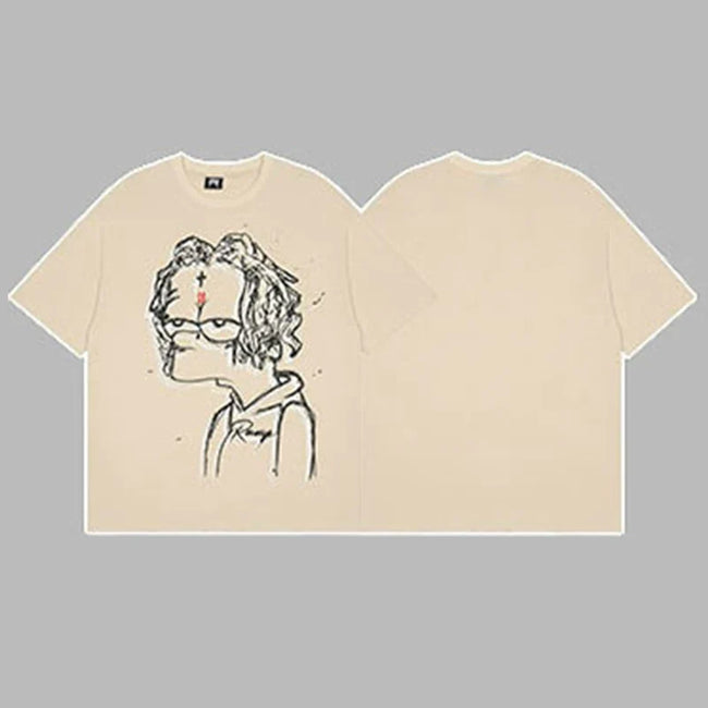 Revenge Outline Cartoon Portrait Graphic Short Sleeve T-Shirt Beige Hover Image